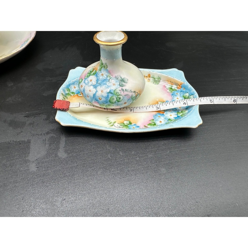 Antique Hand Painted Limoges Porcelain Dresser Set Forget-Me-Not Floral Gold - Picture 4 of 15